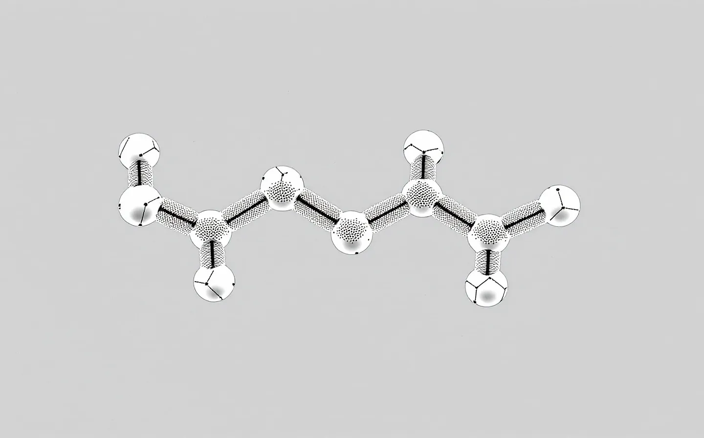Editorial black-and-white illustration of a five-node peptide chain with a single red accent bond
